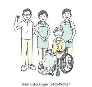 Illustration set of an elderly woman sitting in a wheelchair and a male and female caregiver assisting her