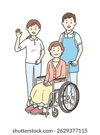 Illustration set of an elderly woman sitting in a wheelchair and a male and female caregiver providing assistance