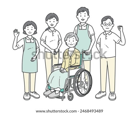 Illustration set of an elderly woman sitting in a wheelchair and a male and female caregiver assisting her