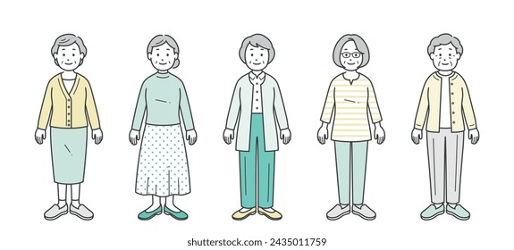 Illustration set of elderly women in casual clothes