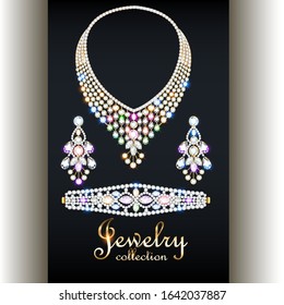 Illustration set of elegant necklace, earrings and bracelet with precious stones and the inscription jewelry collection.