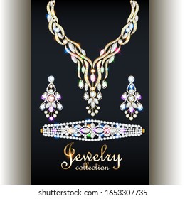 Illustration set of elegant necklace, earrings and bracelet with precious stones and the inscription jewelry collection.