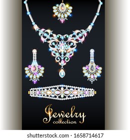 Illustration set of elegant necklace, earrings and bracelet with precious stones and the inscription jewelry collection.