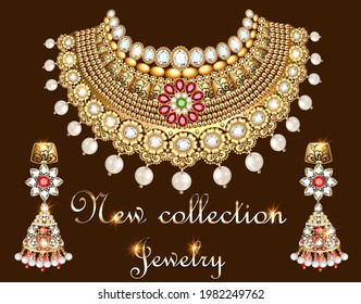 Illustration set of elegant necklace, earrings with precious stones, pearls and inscription jewelry collection.