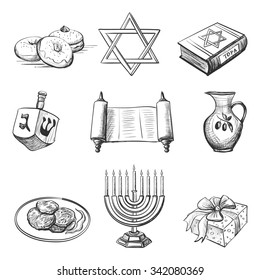 Illustration of set of element for hanukkah with candlestick, star of David, torah, menorah, dreidel and gifts