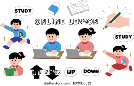 Illustration set of elementary school students taking online classes