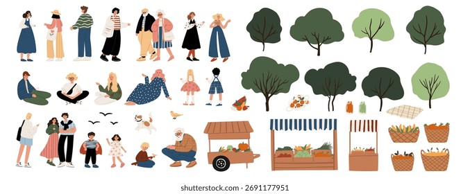 Conjunto de Elementos de ilustración para la construcción de mercados de agricultores y escenarios de parques: diversos personajes, niños y adultos, hombres y mujeres, árboles, cajones de madera y cestas con frutas y verduras. Vector plano.