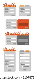 Illustration with a set of elements of interfaces decorated with fire.