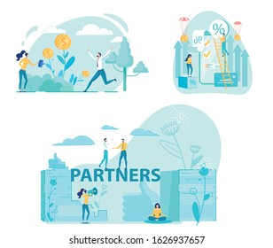 Illustration Set Employee Partnerships at Work. Girl Watered Plant from Watering Street. Instead Flowers, Gold Coins Grow. Man Suit Runs and Rejoices. Men Stand Inscription Partnership.