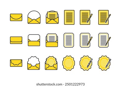 An illustration set of envelopes and letter paper. Made with simple lines.