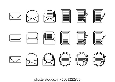 An illustration set of envelopes and letter paper. Made with simple lines.