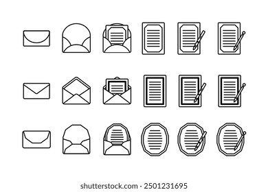 An illustration set of envelopes and letter paper. Made with simple lines.