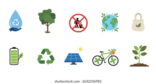 illustration set  Environment conservation symbols including water drop, tree, earth and bag.