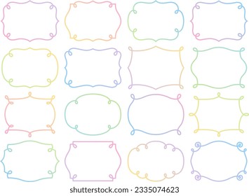 Illustration set of European style curly mono line frames in colorful gradient colors