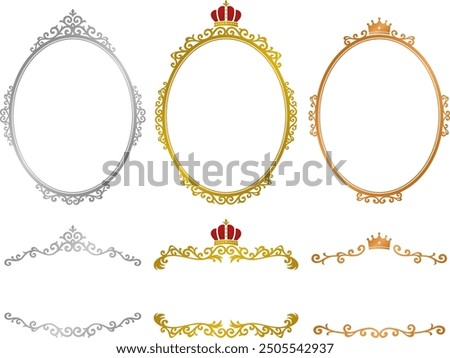 Illustration set of European style oval frames and headline decorations in metallic gold, silver and copper colors with crowns