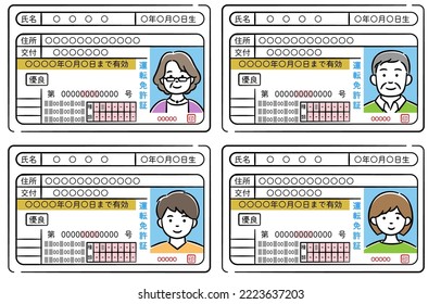 Illustration set of excellent driver's licenses of various ages and genders

The meaning of Japanese characters is "driver's license, name, address, date of birth, expiration date, type".