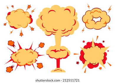 Illustration of a set of explosion, blast and other cartoon fire bomb, bang and exploding symbols