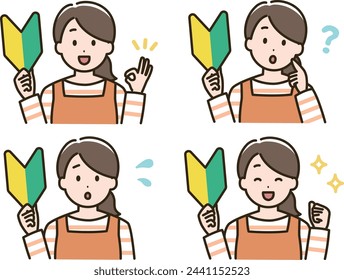 Illustration set of expression variation of a housewife in an apron with a beginner mark.