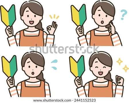 Illustration set of expression variation of a housewife in an apron with a beginner mark.