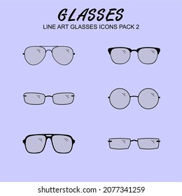 Illustration set of eyeglasses in the purple background. There are six different of eyeglasses