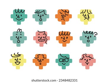 Illustration set of faces with various expressions made of flat shapes and lines