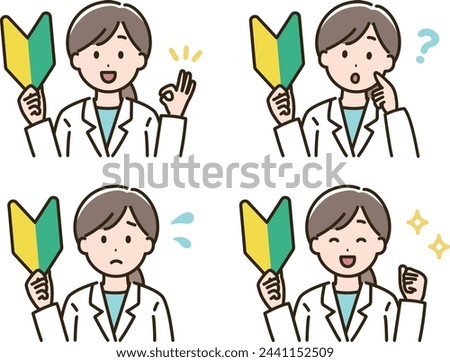 Illustration set of facial expression variation of a woman wearing a white coat with a beginner mark.