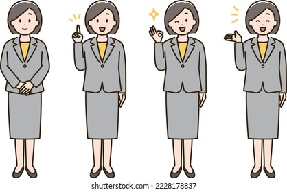 Ilustración de las variaciones de expresión facial de las mujeres en trajes