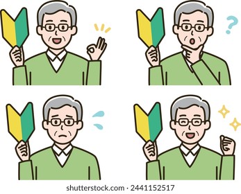 Illustration set of facial expression variations of an elderly man with a beginner mark.