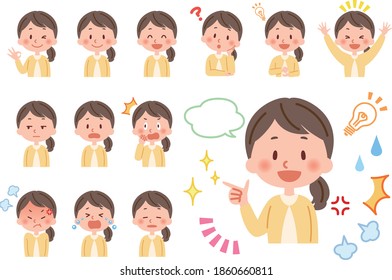 Illustration set of facial expressions of female teachers.