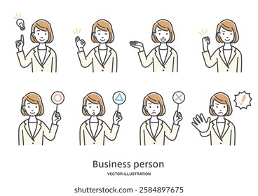 Illustration set of facial expressions and gestures of female office workers