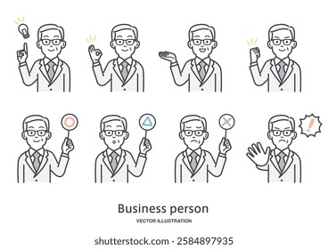 Illustration set of facial expressions and gestures of a male office worker who is a boss