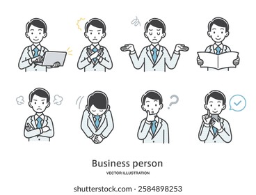 Illustration set of facial expressions and gestures of male office workers