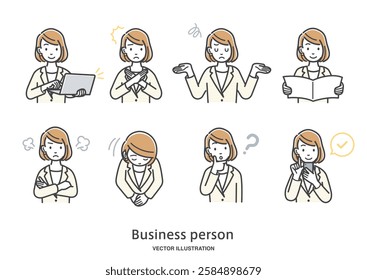 Illustration set of facial expressions and gestures of female office workers