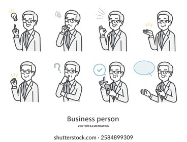 Illustration set of facial expressions and gestures of a male office worker who is a boss