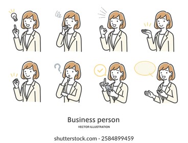 Illustration set of facial expressions and gestures of female office workers