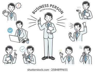 Illustration set of facial expressions and gestures of male office workers