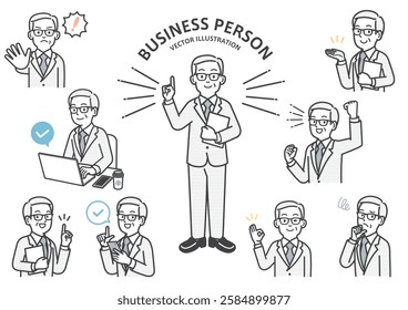 Illustration set of facial expressions and gestures of an elderly male office worker