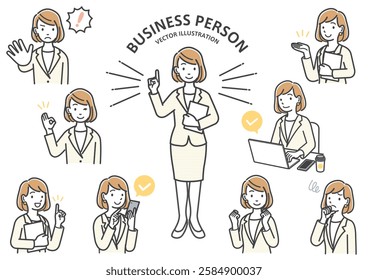 Illustration set of facial expressions and gestures of female office workers