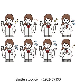 Illustration set of facial expressions of high school girls using smartphones