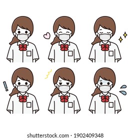 Illustration set of facial expressions of high school girls in masks