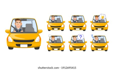 Illustration set of facial expressions of a man driving a car