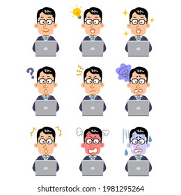 Illustration set of facial expressions of a man wearing glasses operating a laptop