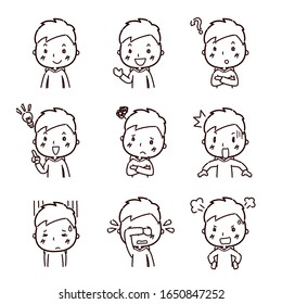 Illustration set of facial expressions of young men