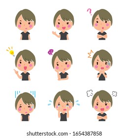Illustration set of facial expressions of young woman