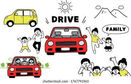 Illustration set of family and car wearing short sleeves