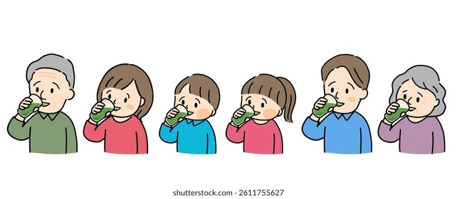 Illustration set of a family drinking green juice.