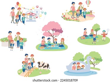 Illustration set of family enjoying spring outing