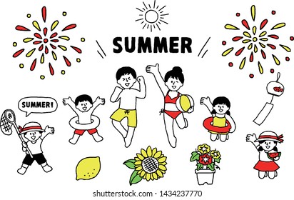 Illustration set of family enjoying summer (simple)