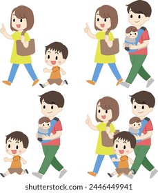 Illustration set of a family walking