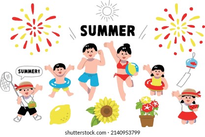 Illustration set of a family wearing a swimsuit at the beach